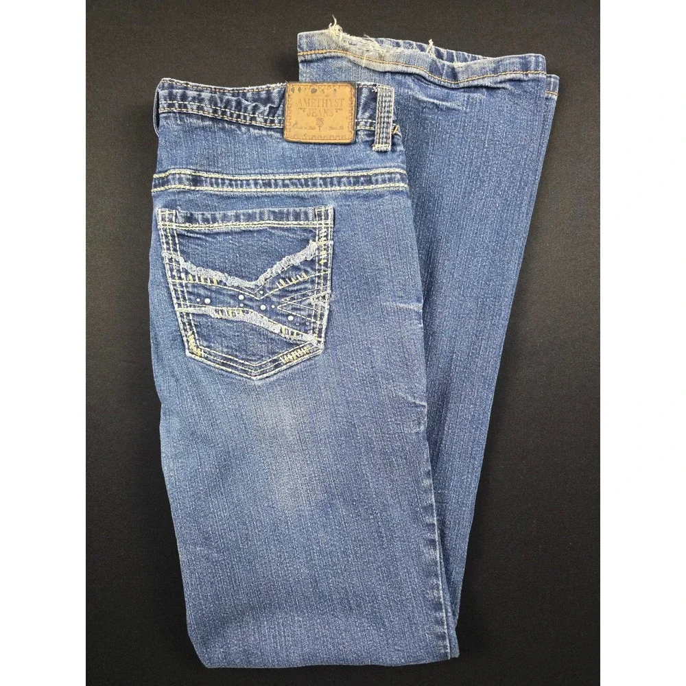 Amethyst Jeans Womens 14 Blue Bootcut Medium Wash Whiskered Embroidered Stretch
